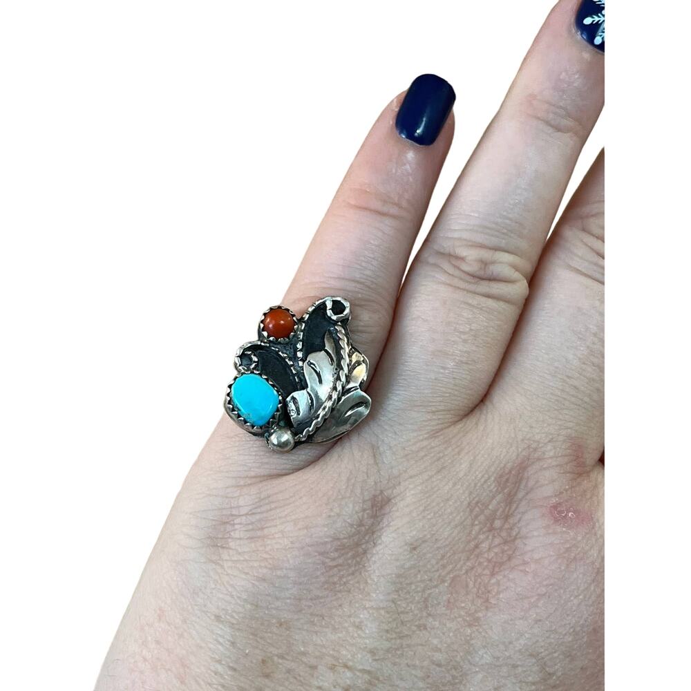 Vintage sterling silver turquoise and coral Native American ring size 5.5 - Picture 7 of 9